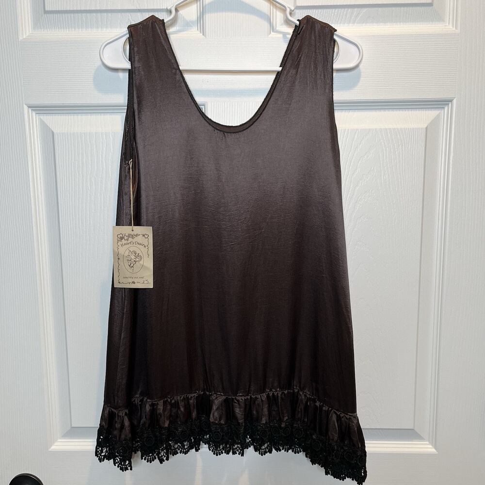 Heart's Desire XS Romantic Satin Lace Brown Tank Top Small Cottagecore
